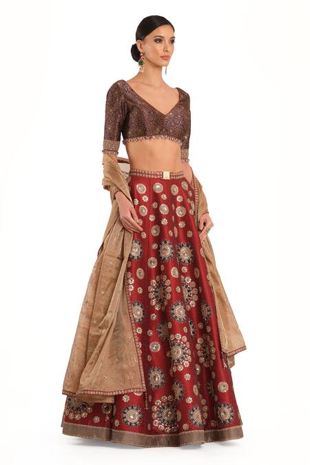 Buy_Rocky Star_Brown Silk Beads V-neck Floral Embroidered Lehenga Set_Online_at_Aza_Fashions