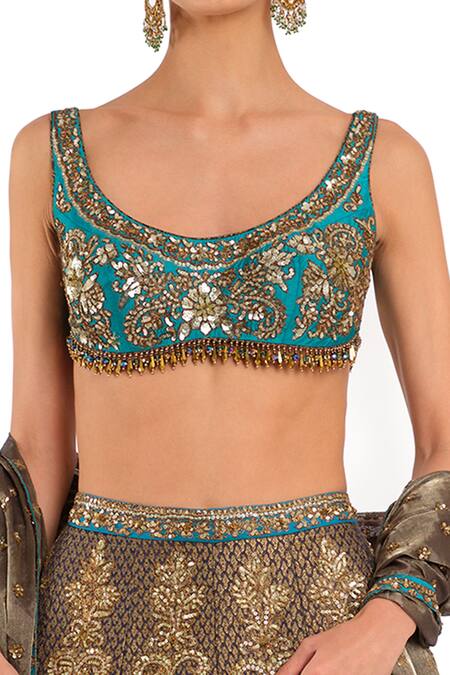 Buy_Rocky Star_Blue Brocade Crystals, Gota Patti, Embroidery Round Sequin Bridal Lehenga Set_Online_at_Aza_Fashions