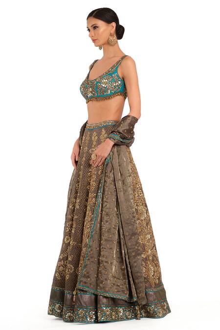Shop_Rocky Star_Blue Brocade Crystals, Gota Patti, Embroidery Round Sequin Bridal Lehenga Set_Online_at_Aza_Fashions