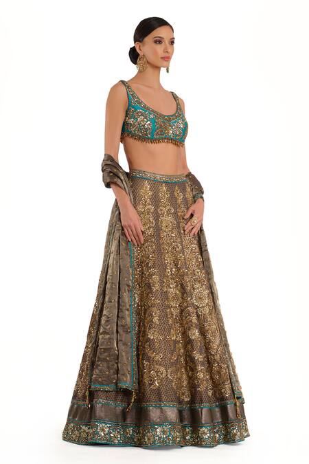 Rocky Star_Blue Brocade Crystals, Gota Patti, Embroidery Round Sequin Bridal Lehenga Set_at_Aza_Fashions