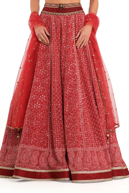 Rocky Star_Red Silk, Georgette Sequins, Mirrors, Gota Patti, Embroidery Lehenga Set_Online_at_Aza_Fashions