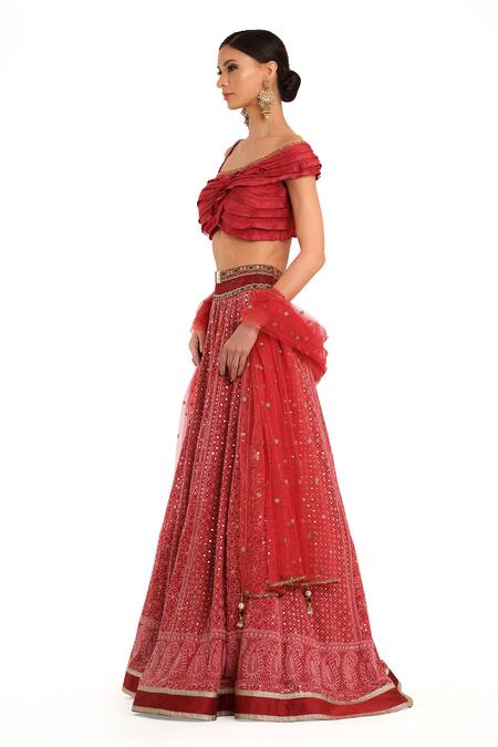 Shop_Rocky Star_Red Silk, Georgette Sequins, Mirrors, Gota Patti, Embroidery Lehenga Set_Online_at_Aza_Fashions