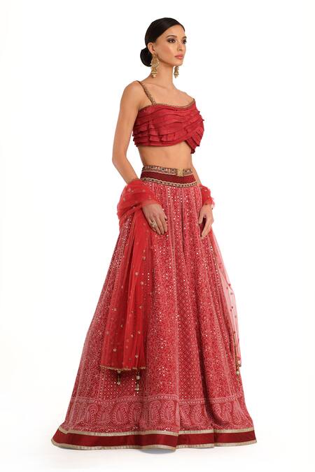 Rocky Star_Red Silk, Georgette Sequins, Mirrors, Gota Patti, Embroidery Lehenga Set_at_Aza_Fashions