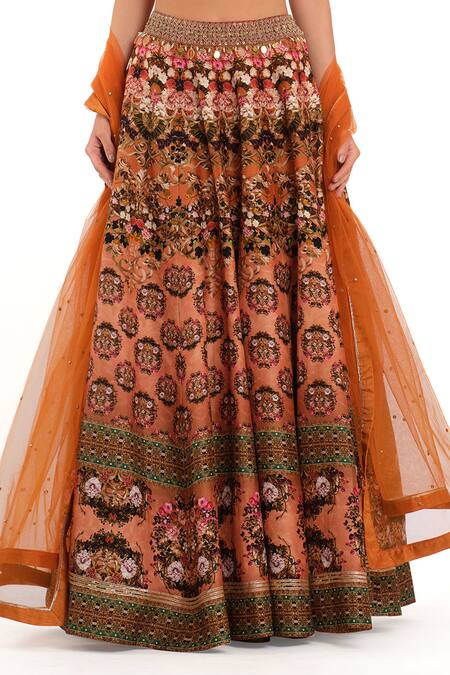 Rocky Star_Orange Silk, Chiffon Sequins, Embroidery Sweetheart Digital Printed Lehenga Set_Online_at_Aza_Fashions
