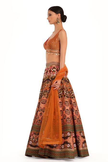 Shop_Rocky Star_Orange Silk, Chiffon Sequins, Embroidery Sweetheart Digital Printed Lehenga Set_Online_at_Aza_Fashions