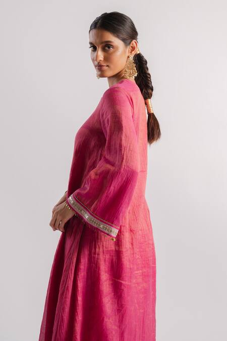 Buy_Tussah By Siddhi Shah_Pink Tissue Hand Embroidered Sequins Placket A-line Kurta And Pant Set  _Online_at_Aza_Fashions