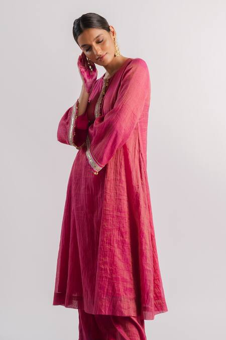 Shop_Tussah By Siddhi Shah_Pink Tissue Hand Embroidered Sequins Placket A-line Kurta And Pant Set  _Online_at_Aza_Fashions