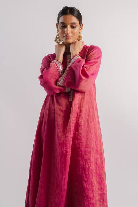 Tussah By Siddhi Shah_Pink Tissue Hand Embroidered Sequins Placket A-line Kurta And Pant Set  _at_Aza_Fashions