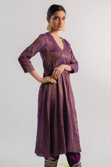 Buy_Tussah By Siddhi Shah_Purple Kurta  Tissue Hand Embroidered Sequins V A-line And Salwar Set  _Online_at_Aza_Fashions