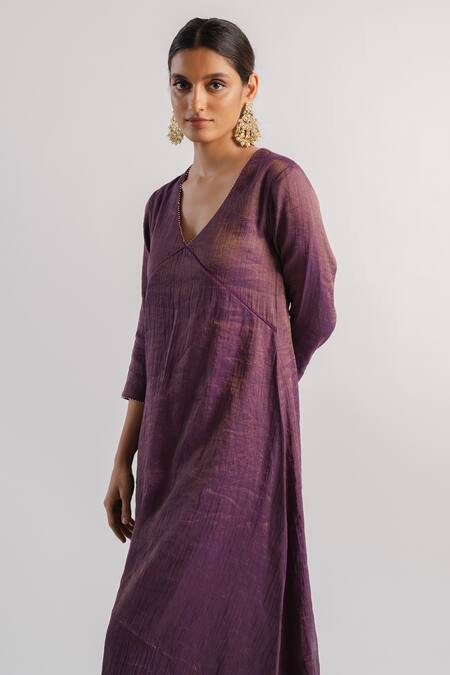 Shop_Tussah By Siddhi Shah_Purple Kurta  Tissue Hand Embroidered Sequins V A-line And Salwar Set  _Online_at_Aza_Fashions