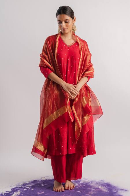 Shop_Tussah By Siddhi Shah_Red Chanderi Hand Embroidered Sequins V Neck A-line Kurta And Pant Set  _Online_at_Aza_Fashions