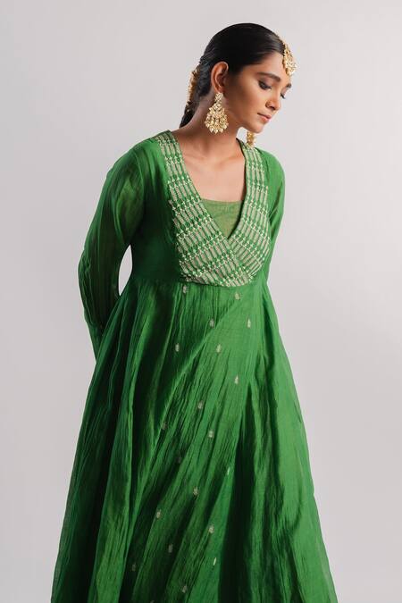 Tussah By Siddhi Shah_Green Anarkali  Slub Silk Hand Embroidered Beads Yoke With Inner  _Online_at_Aza_Fashions