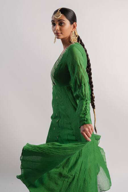 Shop_Tussah By Siddhi Shah_Green Anarkali  Slub Silk Hand Embroidered Beads Yoke With Inner  _Online_at_Aza_Fashions