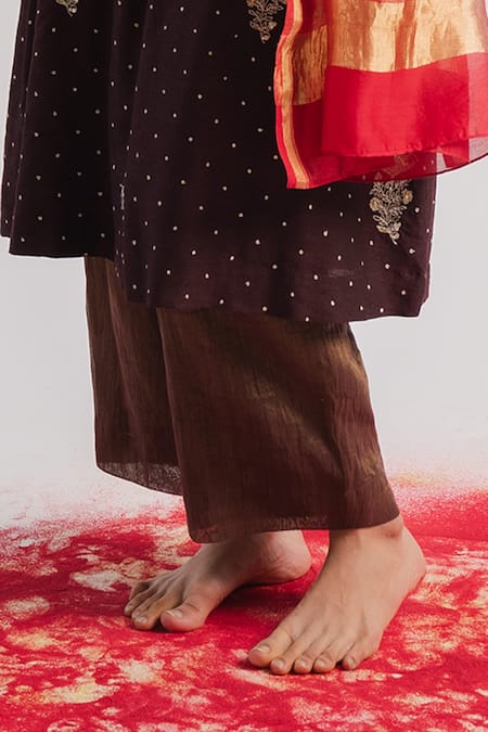 Tussah By Siddhi Shah Brown Kurta Slub Silk Hand Embroidered Sequins Round And Pant Set Online at Aza Fashions Tussah By Siddhi Shah_Brown Kurta Slub Silk Hand Embroidered Sequins Round And Pant Set _Online_at_Aza_Fashions