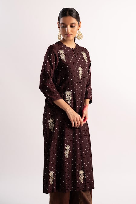 Buy Tussah By Siddhi Shah Brown Kurta Slub Silk Hand Embroidered Sequins Round And Pant Set Online at Aza Fashions Buy_Tussah By Siddhi Shah_Brown Kurta Slub Silk Hand Embroidered Sequins Round And Pant Set _Online_at_Aza_Fashions