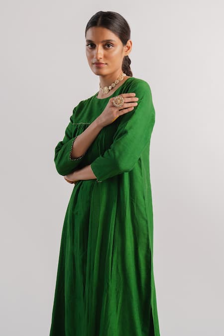 Shop_Tussah By Siddhi Shah_Green Kurta  Slub Silk Hand Embroidered Neck A-line And Pant Set  _Online_at_Aza_Fashions