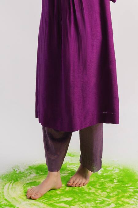 Tussah By Siddhi Shah_Purple Kurta  Tissue Hand Embroidered Beads Neck A-line And Pant Set  _Online_at_Aza_Fashions