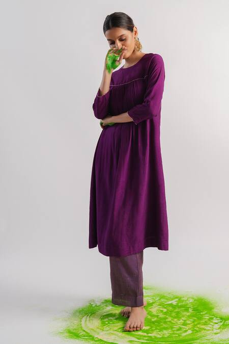 Buy_Tussah By Siddhi Shah_Purple Kurta  Tissue Hand Embroidered Beads Neck A-line And Pant Set  _Online_at_Aza_Fashions