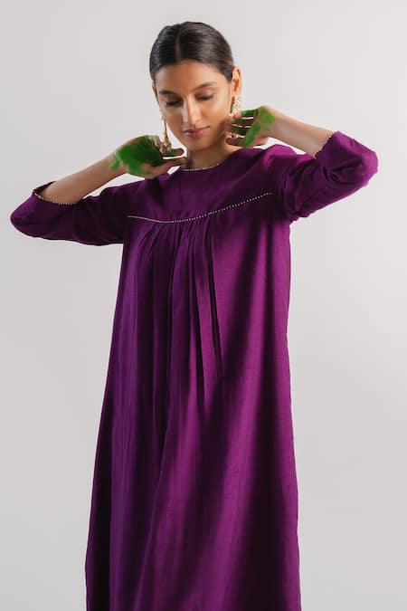 Shop_Tussah By Siddhi Shah_Purple Kurta  Tissue Hand Embroidered Beads Neck A-line And Pant Set  _Online_at_Aza_Fashions