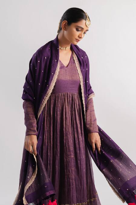 Tussah By Siddhi Shah_Purple Anarkali  Tissue Solid V Neck And Straight Pant Set  _Online_at_Aza_Fashions