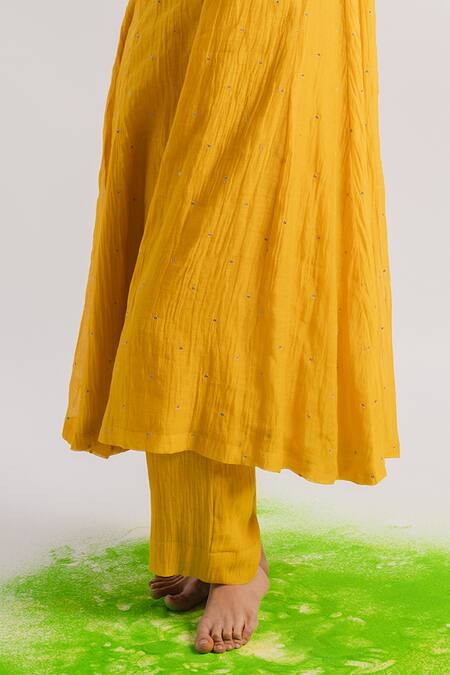 Buy Tussah By Siddhi Shah Yellow Chanderi Hand Embroidered Sequins V A-line Kurta And Pant Set Online at Aza Fashions Buy_Tussah By Siddhi Shah_Yellow Chanderi Hand Embroidered Sequins V A-line Kurta And Pant Set _Online_at_Aza_Fashions