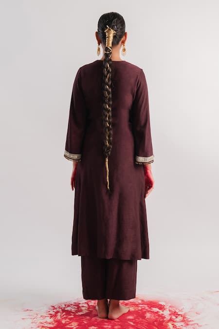 Shop Tussah By Siddhi Shah Brown Slub Silk Hand Embroidered Placket Work A-line Kurta And Pant Set at Aza Fashions Shop_Tussah By Siddhi Shah_Brown Slub Silk Hand Embroidered Placket Work A-line Kurta And Pant Set _at_Aza_Fashions