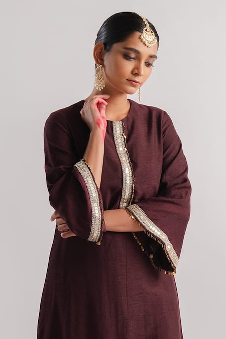 Tussah By Siddhi Shah Brown Slub Silk Hand Embroidered Placket Work A-line Kurta And Pant Set Online at Aza Fashions Tussah By Siddhi Shah_Brown Slub Silk Hand Embroidered Placket Work A-line Kurta And Pant Set _Online_at_Aza_Fashions