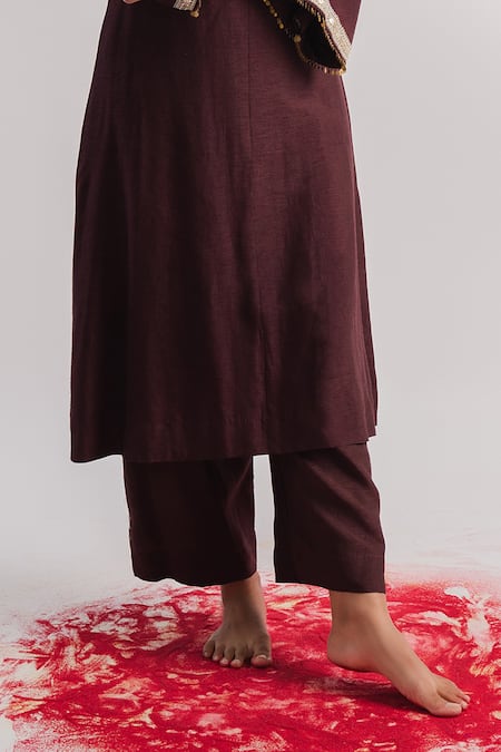 Buy Tussah By Siddhi Shah Brown Slub Silk Hand Embroidered Placket Work A-line Kurta And Pant Set Online at Aza Fashions Buy_Tussah By Siddhi Shah_Brown Slub Silk Hand Embroidered Placket Work A-line Kurta And Pant Set _Online_at_Aza_Fashions
