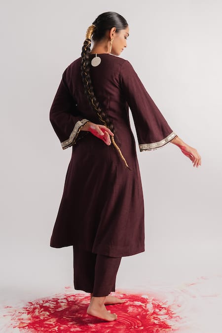 Shop Tussah By Siddhi Shah Brown Slub Silk Hand Embroidered Placket Work A-line Kurta And Pant Set Online at Aza Fashions Shop_Tussah By Siddhi Shah_Brown Slub Silk Hand Embroidered Placket Work A-line Kurta And Pant Set _Online_at_Aza_Fashions