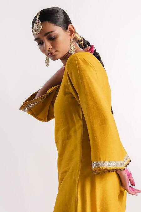 Shop_Tussah By Siddhi Shah_Yellow Slub Silk Hand Embroidered Sequins Sleeve Hem Kurta And Pant Set  _Online_at_Aza_Fashions