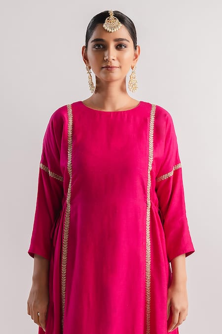 Shop_Tussah By Siddhi Shah_Pink Kurta  Slub Silk Hand Embroidered Sequins Line And Pant Set  _Online_at_Aza_Fashions