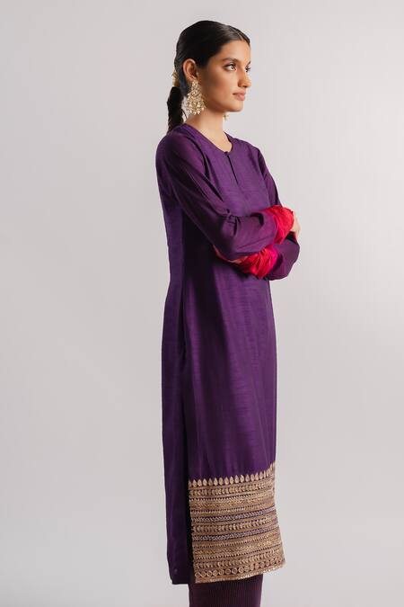 Tussah By Siddhi Shah_Purple Kurta  Slub Silk Hand Embroidered Sequins Hem And Pant Set  _Online_at_Aza_Fashions