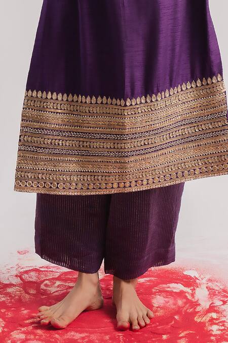 Buy_Tussah By Siddhi Shah_Purple Kurta  Slub Silk Hand Embroidered Sequins Hem And Pant Set  _Online_at_Aza_Fashions