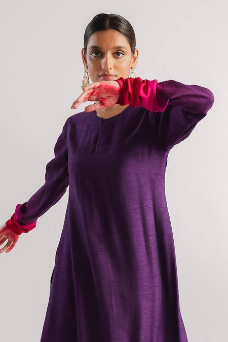 Shop_Tussah By Siddhi Shah_Purple Kurta  Slub Silk Hand Embroidered Sequins Hem And Pant Set  _Online_at_Aza_Fashions