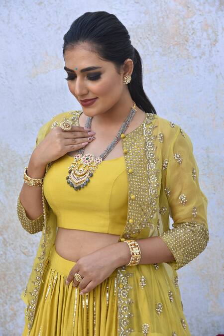 Buy_Tussah By Siddhi Shah_Yellow Spun Silk Hand Embroidered Sequins Round Jacket Lehenga Set  _Online_at_Aza_Fashions