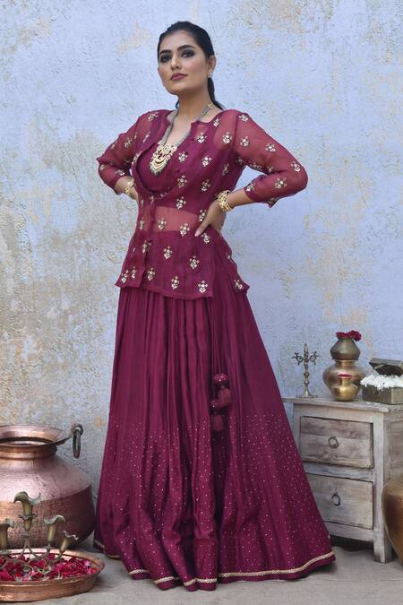Tussah By Siddhi Shah_Maroon Spun Silk Hand Embroidered Sequins Round Jacket Lehenga Set  _Online_at_Aza_Fashions