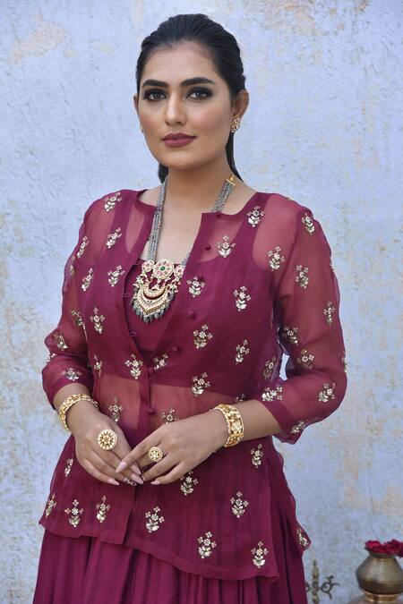 Buy_Tussah By Siddhi Shah_Maroon Spun Silk Hand Embroidered Sequins Round Jacket Lehenga Set  _Online_at_Aza_Fashions