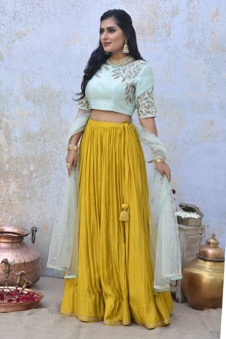 Tussah By Siddhi Shah_Yellow Lehenga  Spun Silk Hand Embroidered Beads Round Blouse Set  _Online_at_Aza_Fashions