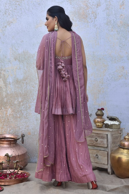 Shop_Tussah By Siddhi Shah_Pink Blouse  Chanderi Printed Striped Round Peplum Top Sharara Set  _at_Aza_Fashions