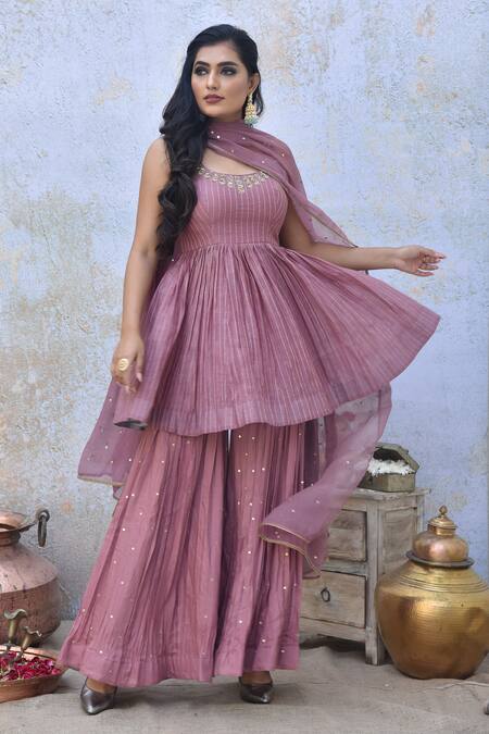 Tussah By Siddhi Shah_Pink Blouse  Chanderi Printed Striped Round Peplum Top Sharara Set  _Online_at_Aza_Fashions