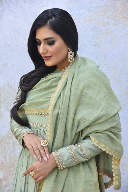 Buy_Tussah By Siddhi Shah_Green Spun Silk Hand Embroidered Floral Beads High Anarkali Pant Set  _Online_at_Aza_Fashions