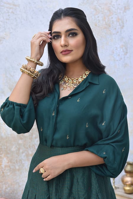Tussah By Siddhi Shah_Green Shirt  Moss Crepe Printed Placement Embroidered And Skirt Set  _Online_at_Aza_Fashions