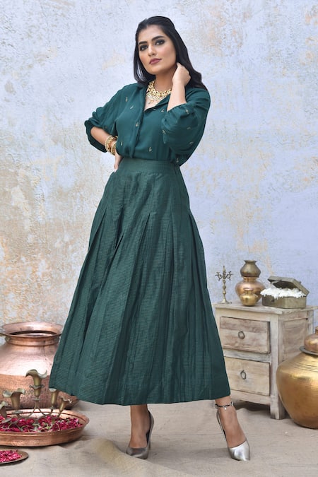 Buy_Tussah By Siddhi Shah_Green Shirt  Moss Crepe Printed Placement Embroidered And Skirt Set  _Online_at_Aza_Fashions