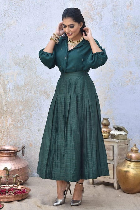 Shop_Tussah By Siddhi Shah_Green Shirt  Moss Crepe Printed Placement Embroidered And Skirt Set  _Online_at_Aza_Fashions