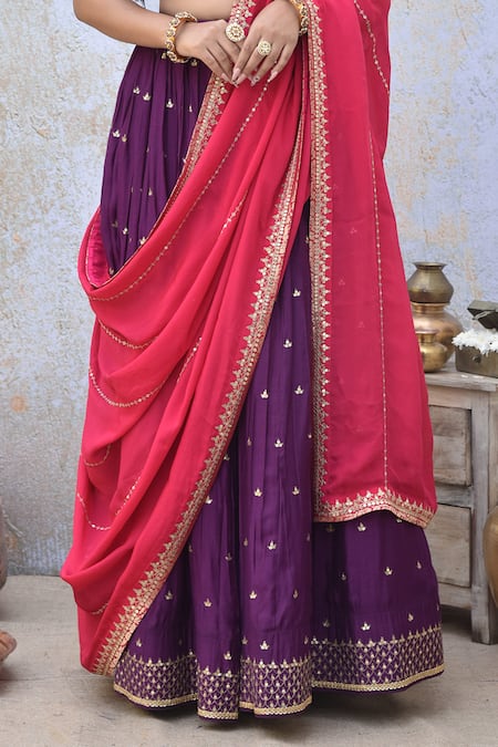 Tussah By Siddhi Shah_Purple Spun Silk Placement Hand Embroidered Sequins Blouse Lehenga Set  _Online_at_Aza_Fashions