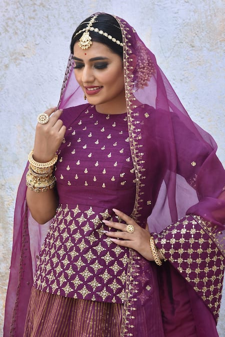 Tussah By Siddhi Shah_Purple Lehenga  Chanderi Hand Embroidered Zari High Neck Blouse Set  _Online_at_Aza_Fashions