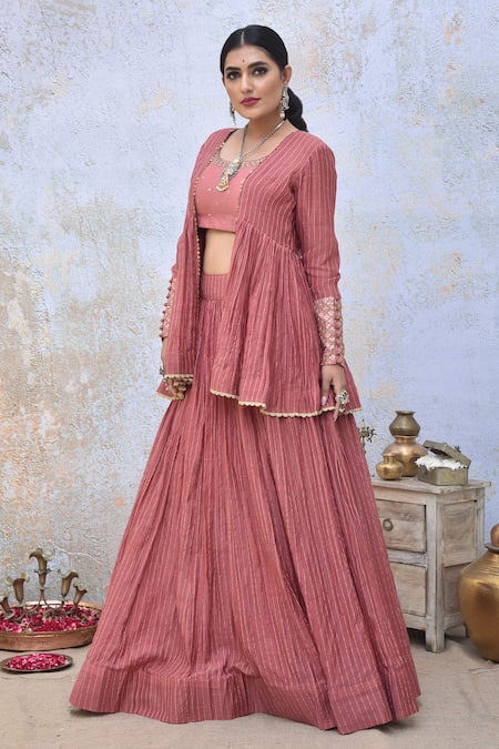 Tussah By Siddhi Shah_Pink Chanderi Embroidered Zari Round Striped Jacket Lehenga Set  _Online_at_Aza_Fashions