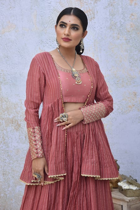 Buy_Tussah By Siddhi Shah_Pink Chanderi Embroidered Zari Round Striped Jacket Lehenga Set  _Online_at_Aza_Fashions