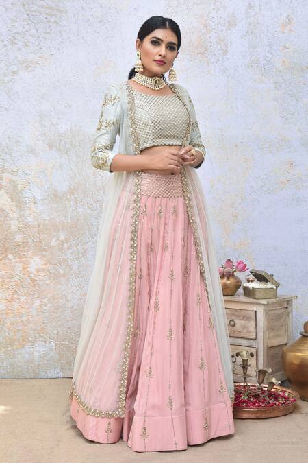 Buy_Tussah By Siddhi Shah_Pink Lehenga  Spun Silk Embroidered Sequins Round Jacket Set  _Online_at_Aza_Fashions