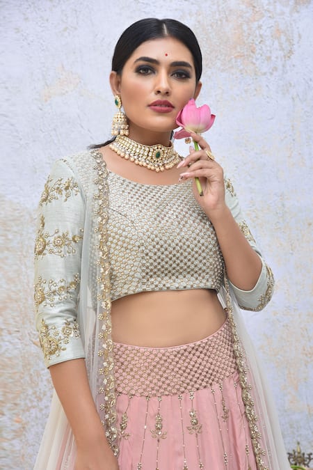 Shop_Tussah By Siddhi Shah_Pink Lehenga  Spun Silk Embroidered Sequins Round Jacket Set  _Online_at_Aza_Fashions